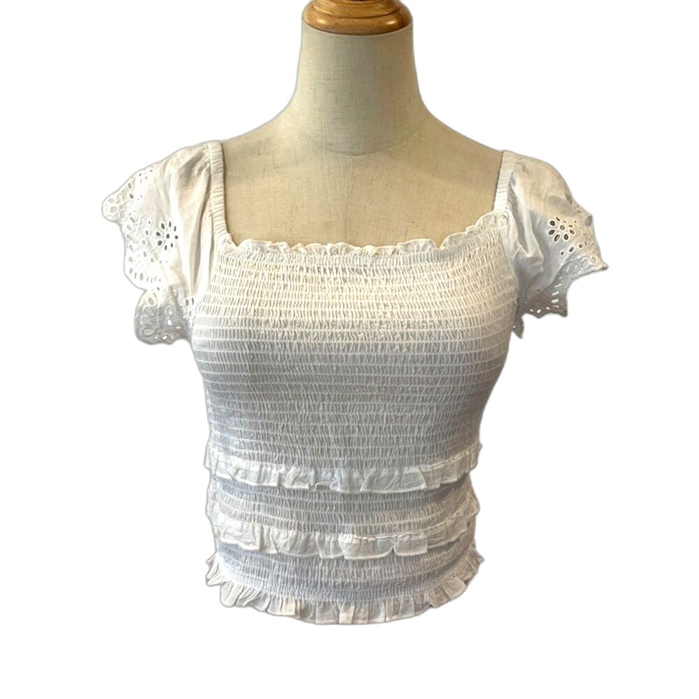 Japna White Smocked Top Cropped Small Eyelet Flutter Sleeves